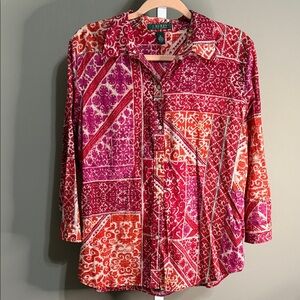 Ralph Lauren Patchwork Print Boho Blouse‎ XL Pink/Red Vintage Long Sleeve
